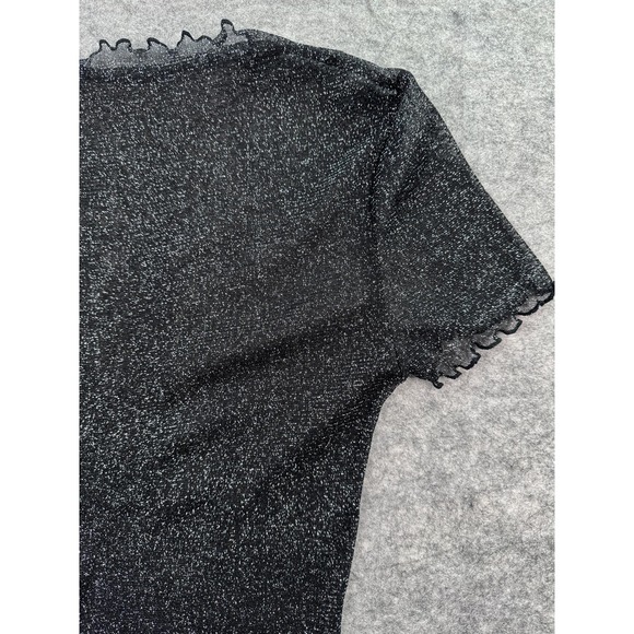 Sheer Black Mesh Large‎ Short Sleeve Lettuce Trim Top with Metallic Sparkles - Picture 2 of 6